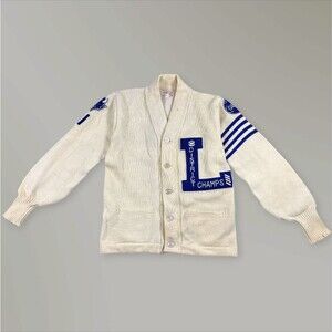 Vtg Wilson Varsity Cardigan Sweater Basketball Letterman Cream Blue Size 38